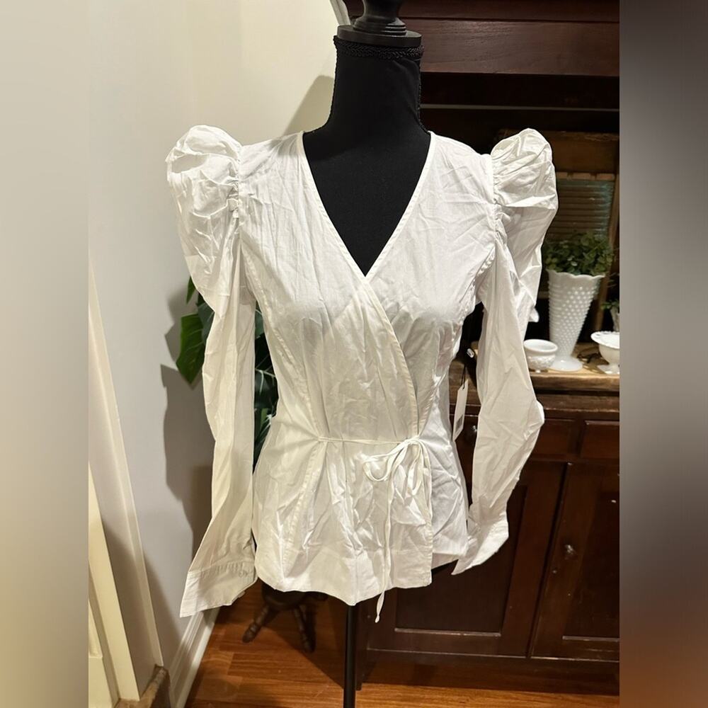 Jason Wu Cotton Blouse Long Puff Sleeve Wrap Top - Picture 3 of 12